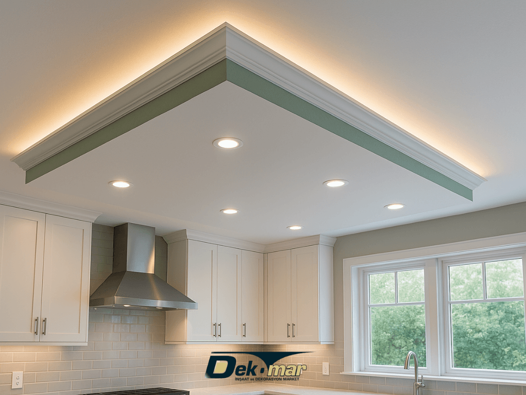 Gizli LED aydınlatmalı yeşil alçıpan asma tavan sistemi, modern mutfakta neme dayanıklı ve estetik bir çözüm sunuyor. 