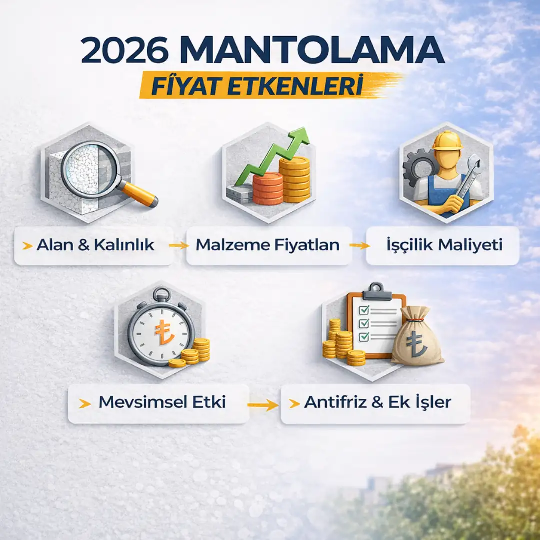 2026 mantolama fiyatlarını etkileyen faktörler, XPS levha kalınlığı, cephe alanı, işçilik ve iskele maliyetlerini gösteren infografik&nbsp;