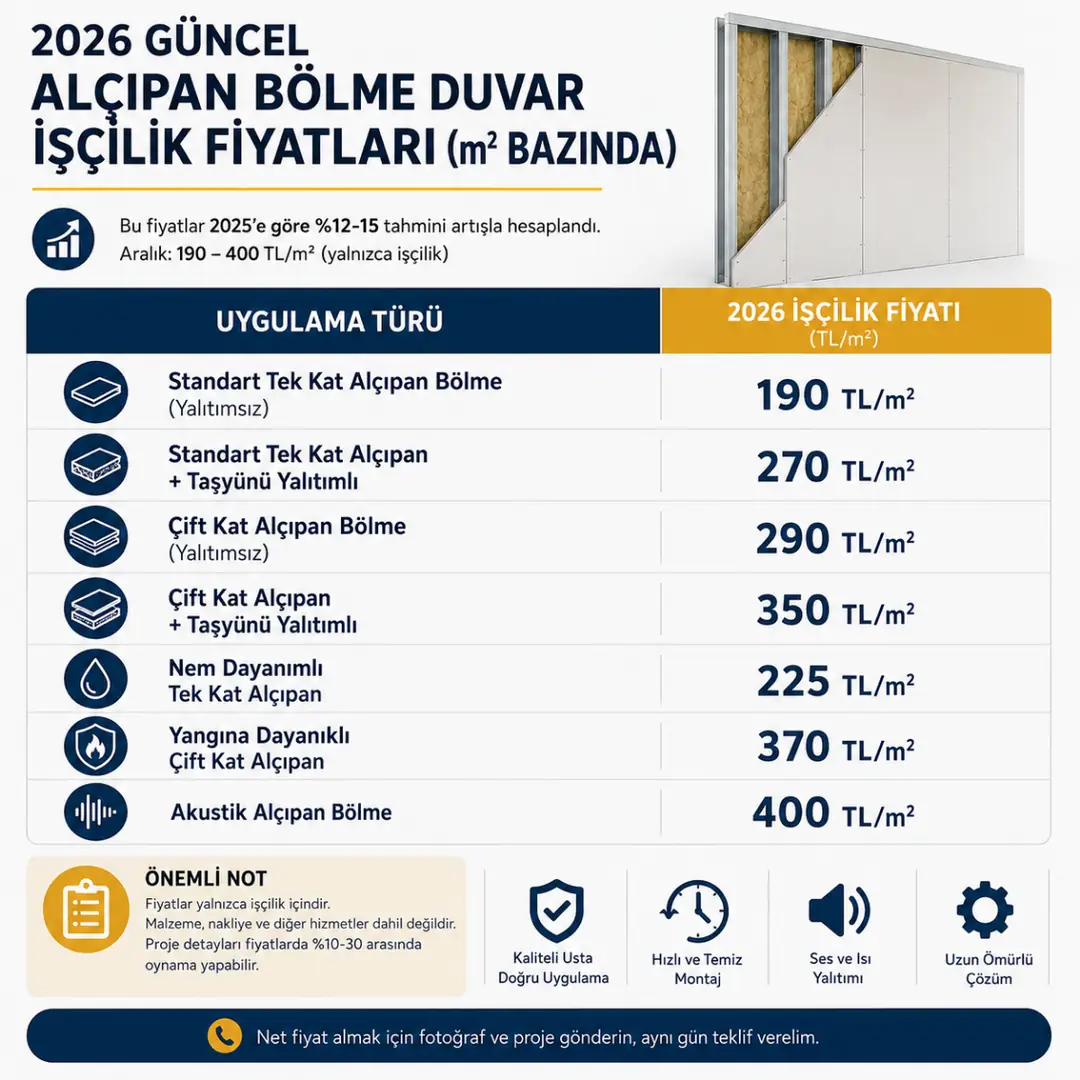 2026 alçıpan bölme duvar işçilik fiyatlarını; standart, yalıtımlı, çift kat ve akustik sistemlere göre gösteren infografik.&nbsp;