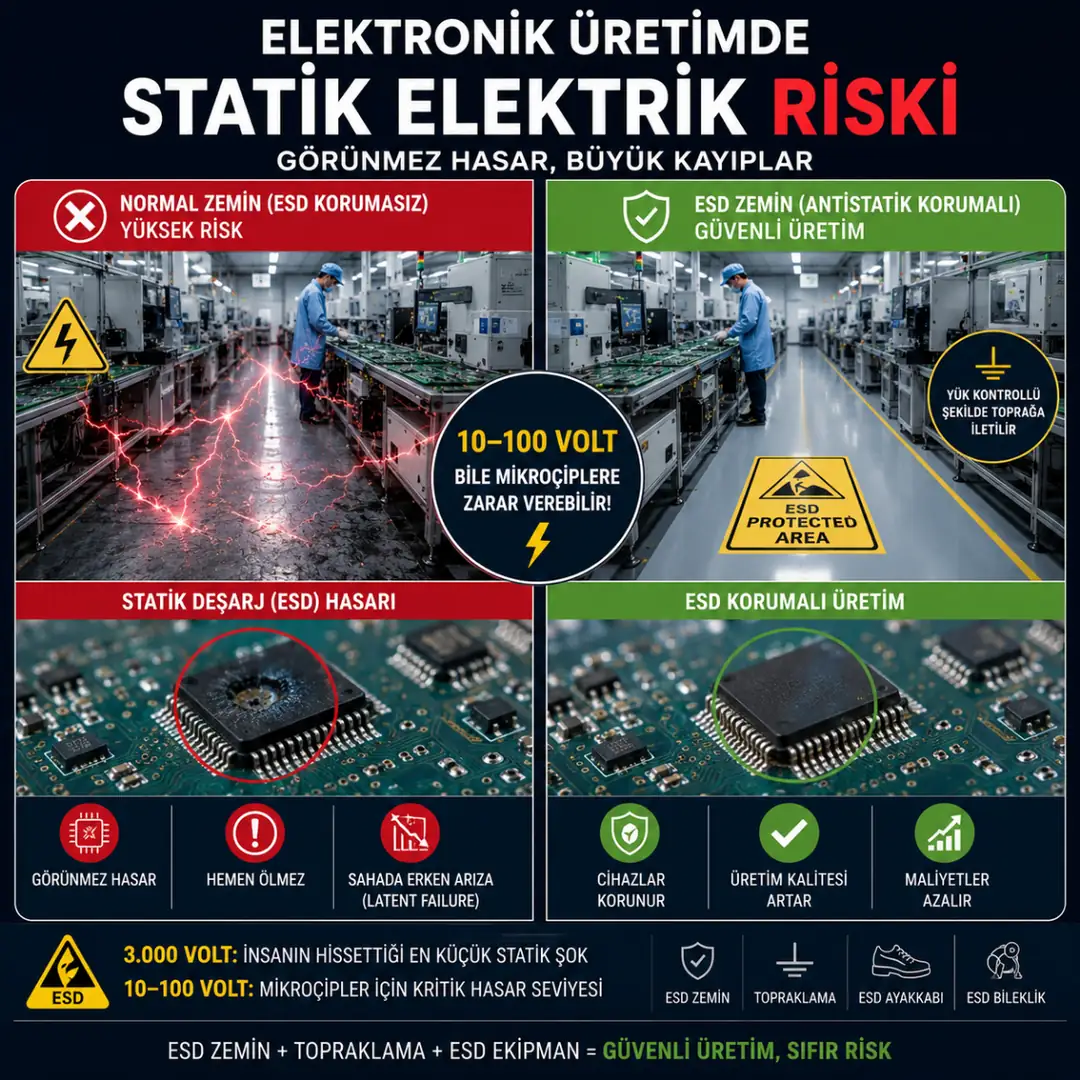 PCB üretim hattında antistatik epoksi zemin koruması