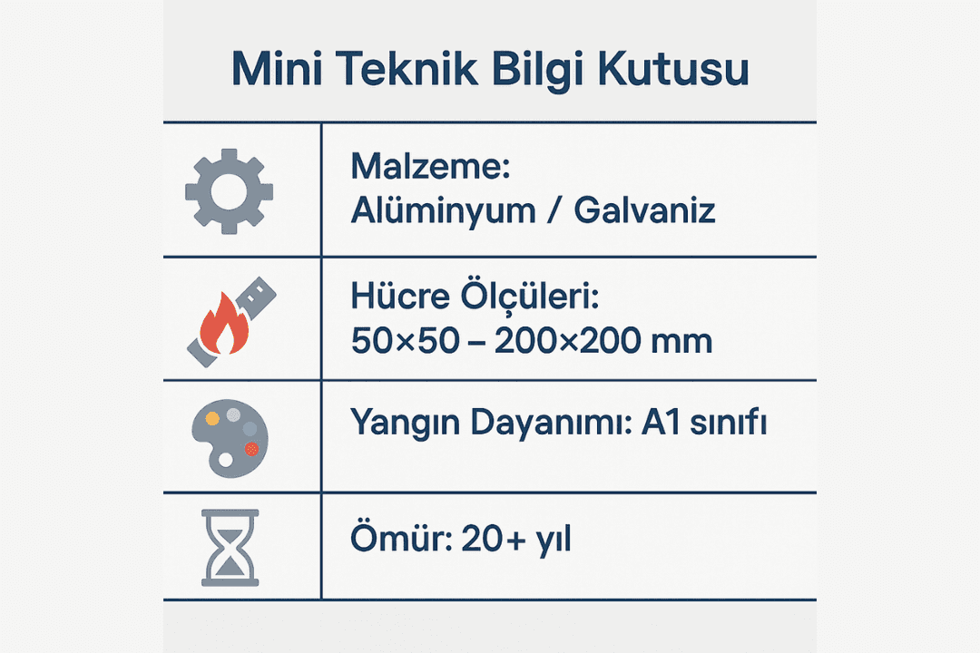 Petek asma tavan teknik özellikler – malzeme, ölçü, yangın dayanımı, renk seçenekleri, ömür. 