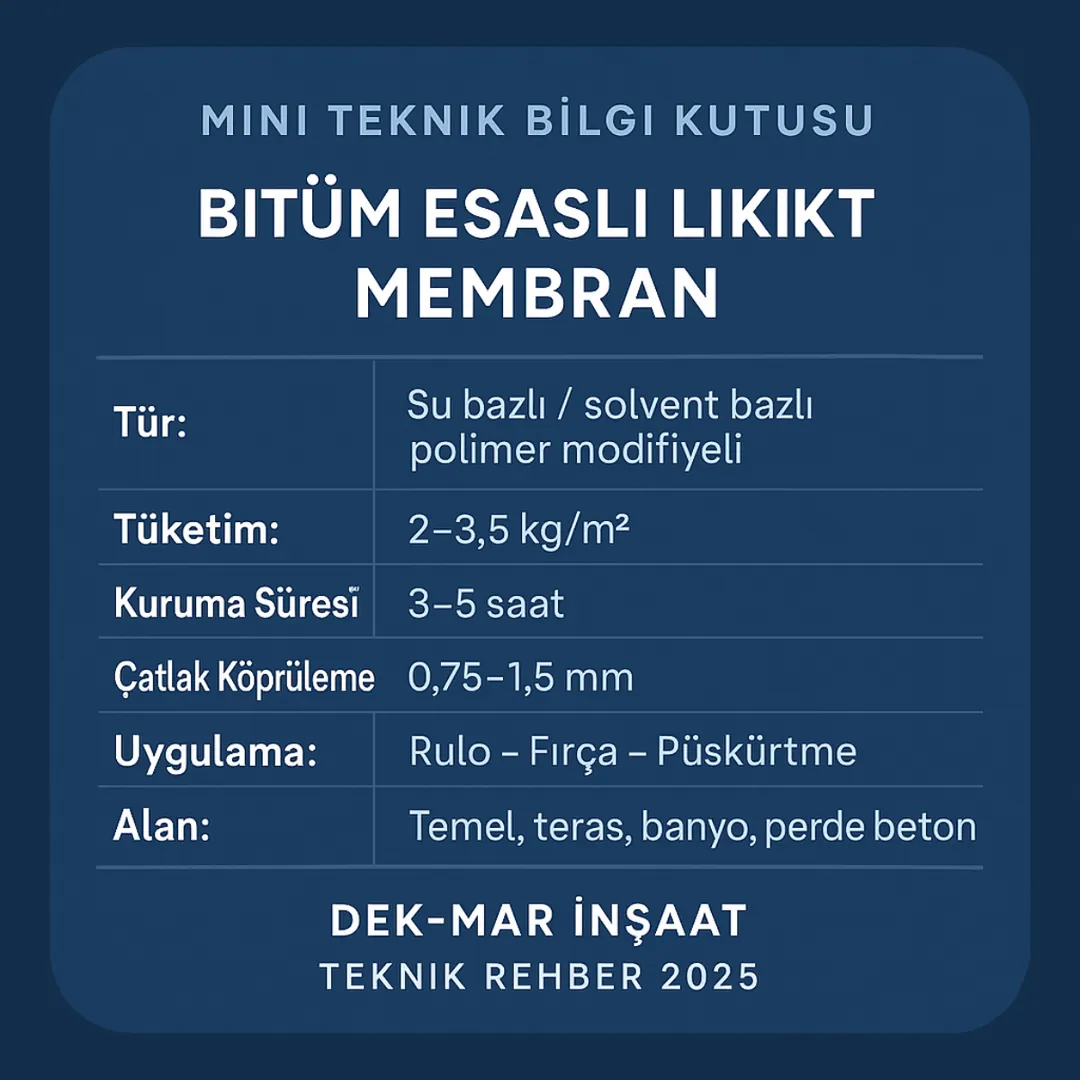 Bitüm esaslı likit membran teknik özellikleri – tüketim, kuruma süresi, çatlak köprüleme – Dek-Mar İnşaat.