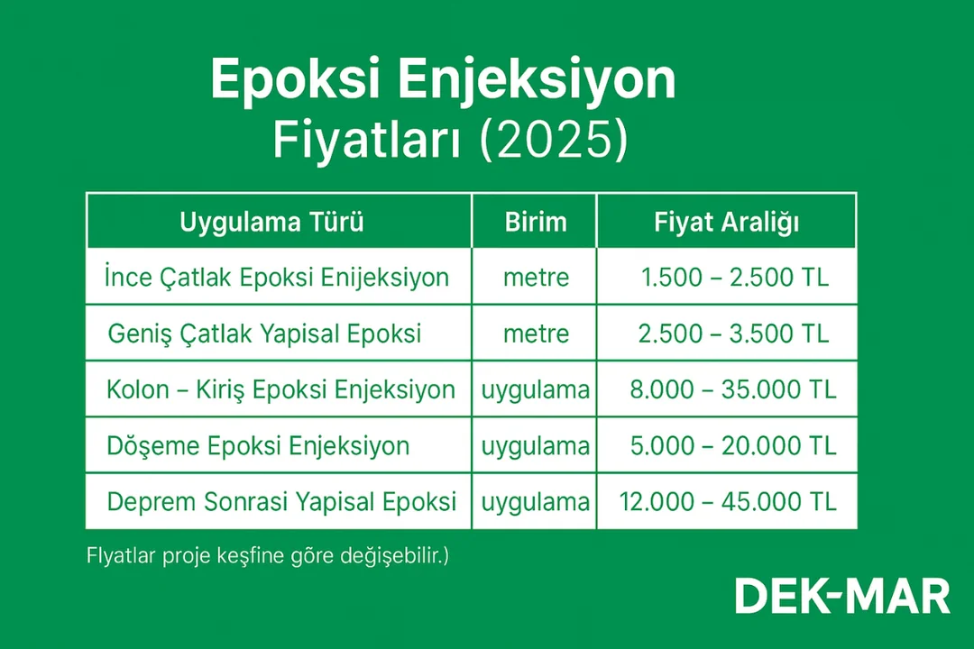 Epoksi enjeksiyon fiyat tablosu – yapısal beton çatlaklarının epoksi reçine ile onarımı için 2025 teknik fiyat infografiği – Dek-Mar