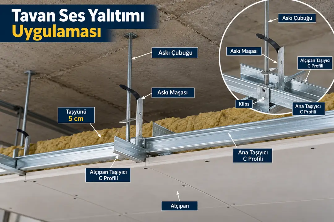 Tavan ses yalıtımı uygulamasında askı çubuğu, askı maşası, C profili, 5 cm taşyünü ve alçıpan detayı