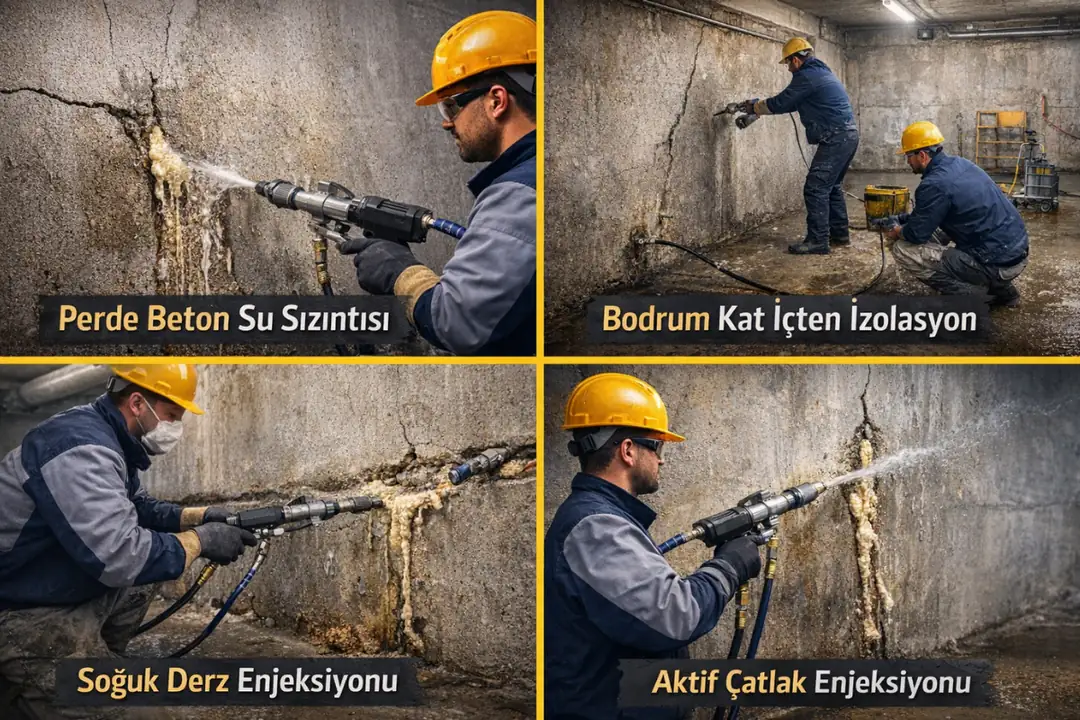 Basınçlı poliüretan enjeksiyon uygulama alanları; perde beton su sızıntısı, bodrum kat içten izolasyon, soğuk derz ve aktif çatlak enjeksiyon çözümleri