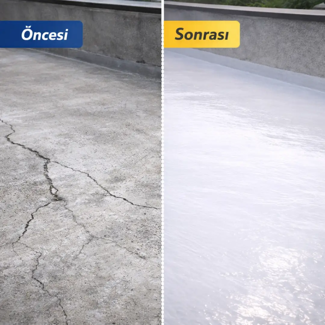 Poliüretan likit membran uygulaması öncesi ve sonrası karşılaştırma