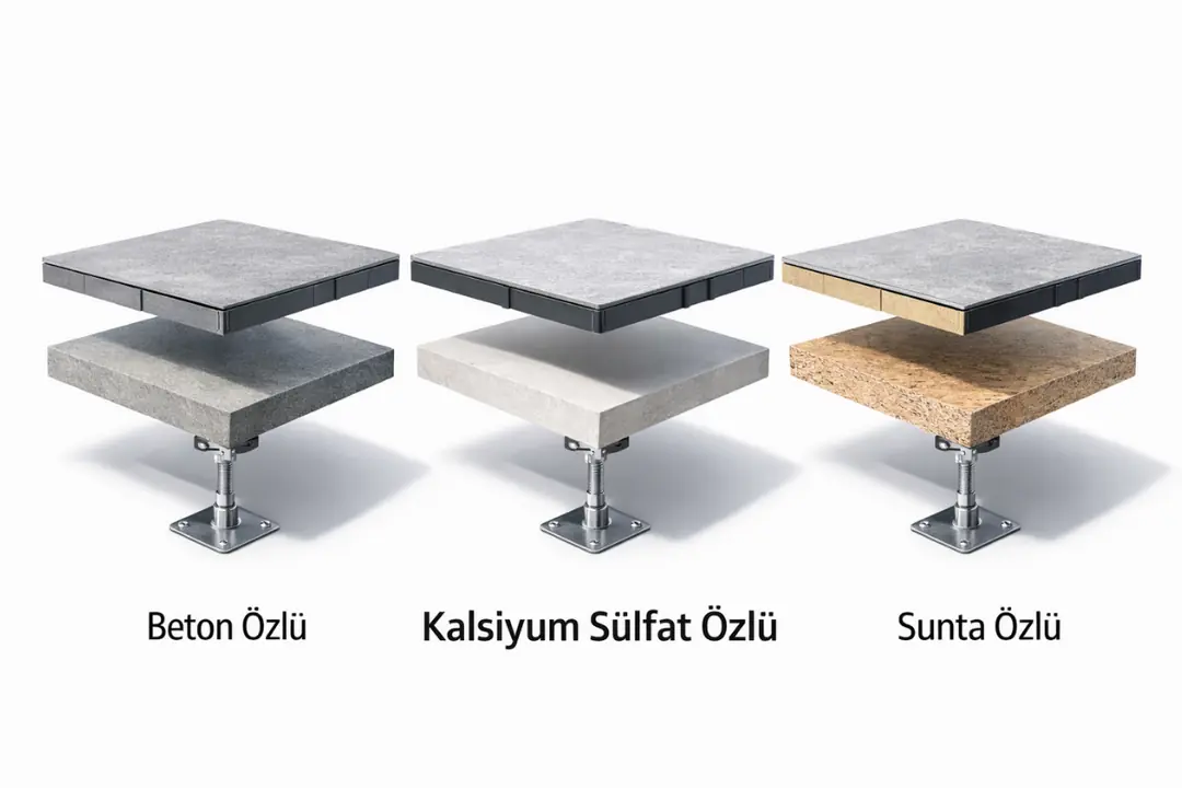 Kalsiyum sülfat, beton ve sunta özlü yükseltilmiş döşeme sistemleri