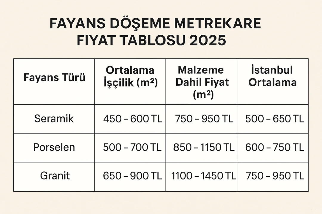 2025 yılı fayans döşeme metrekare fiyat tablosu – seramik, porselen ve granit karşılaştırmalı işçilik ve malzeme dahil fiyatlar. 