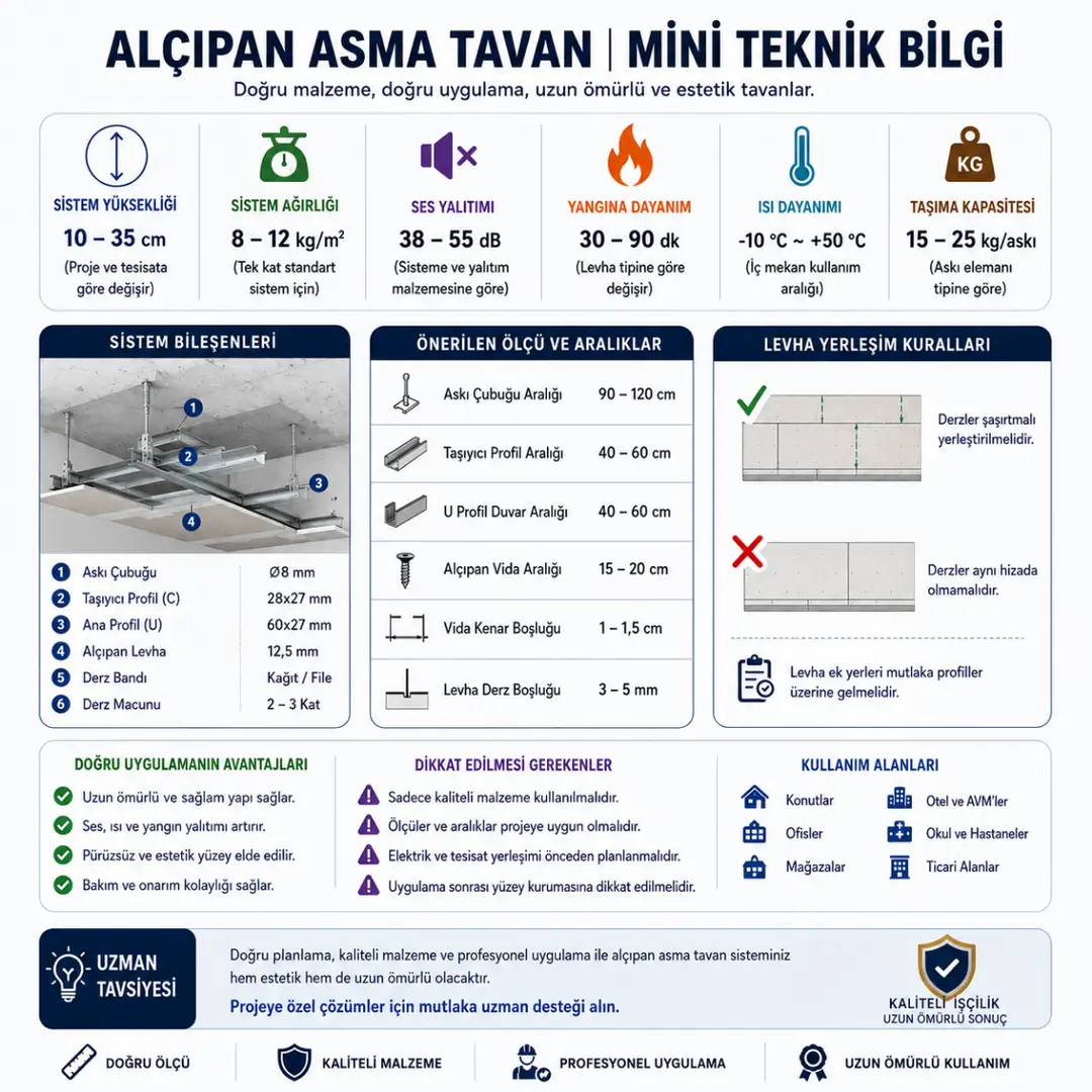 Alçıpan asma tavan teknik ölçüleri ve uygulama bilgileri