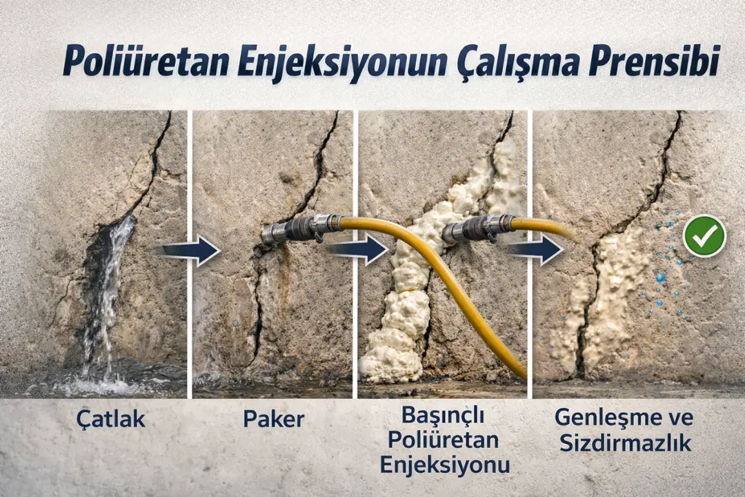 Poliüretan enjeksiyon su yalıtımının çatlak içinde genleşerek sızdırmazlık sağlaması&nbsp;