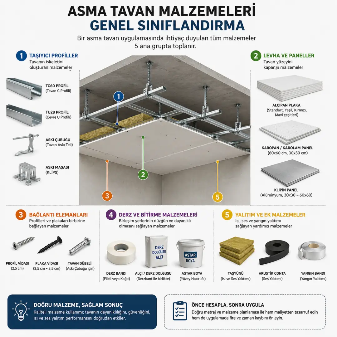 Asma tavan sisteminde kullanılan malzemeler profil levha vida askı çubuğu ve yalıtım bileşenleri