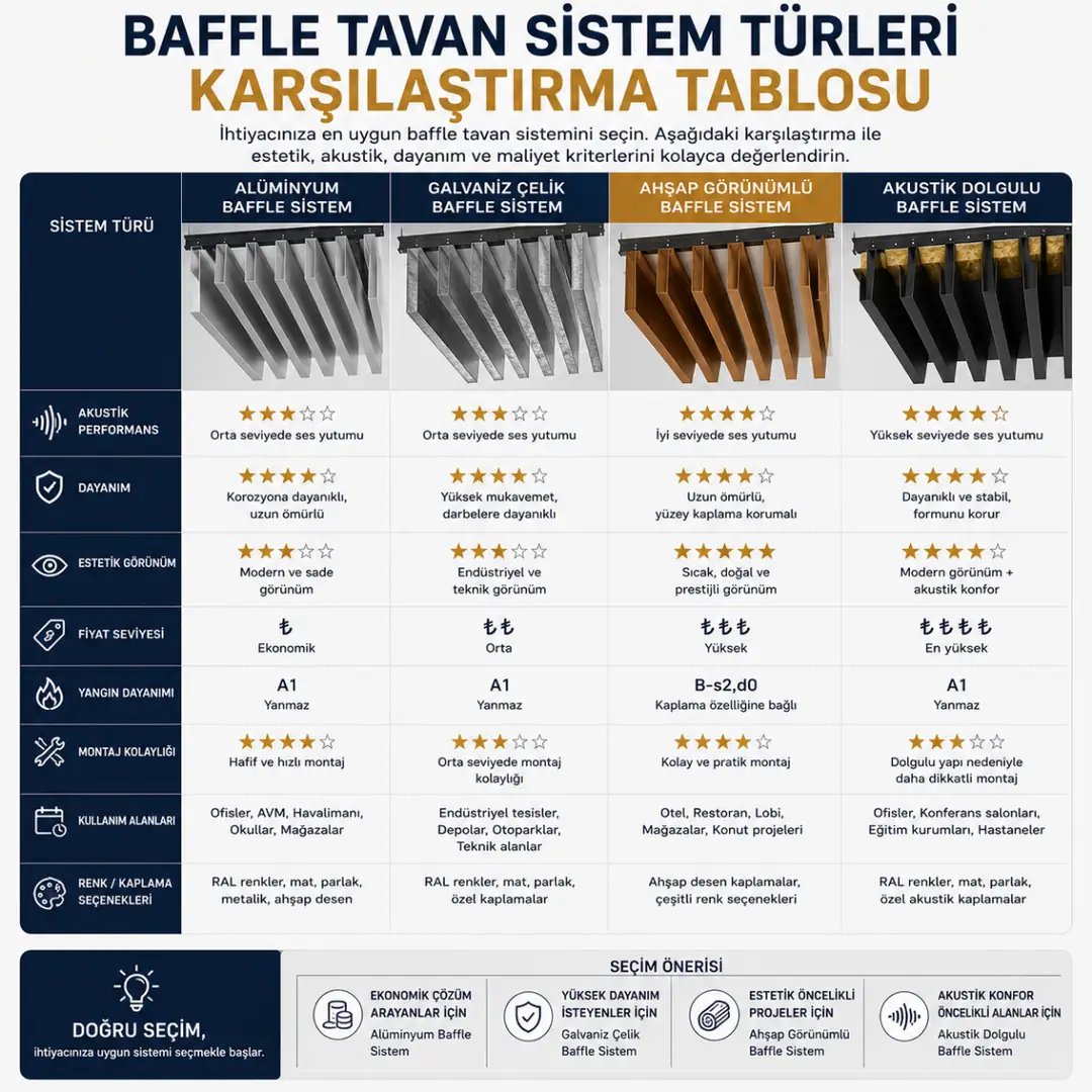 Baffle tavan sistem türleri teknik ve estetik karşılaştırması&nbsp;