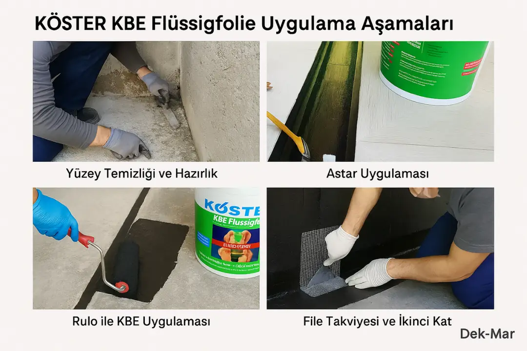 KÖSTER KBE Flüssigfolie uygulama aşamaları: yüzey temizliği, astar, rulo uygulaması ve file takviyesi.&nbsp;