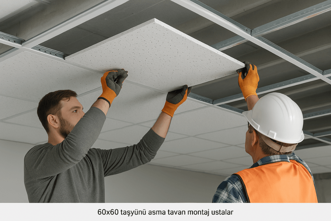 60x60 taşyünü asma tavan montajı yapan ustalar. 