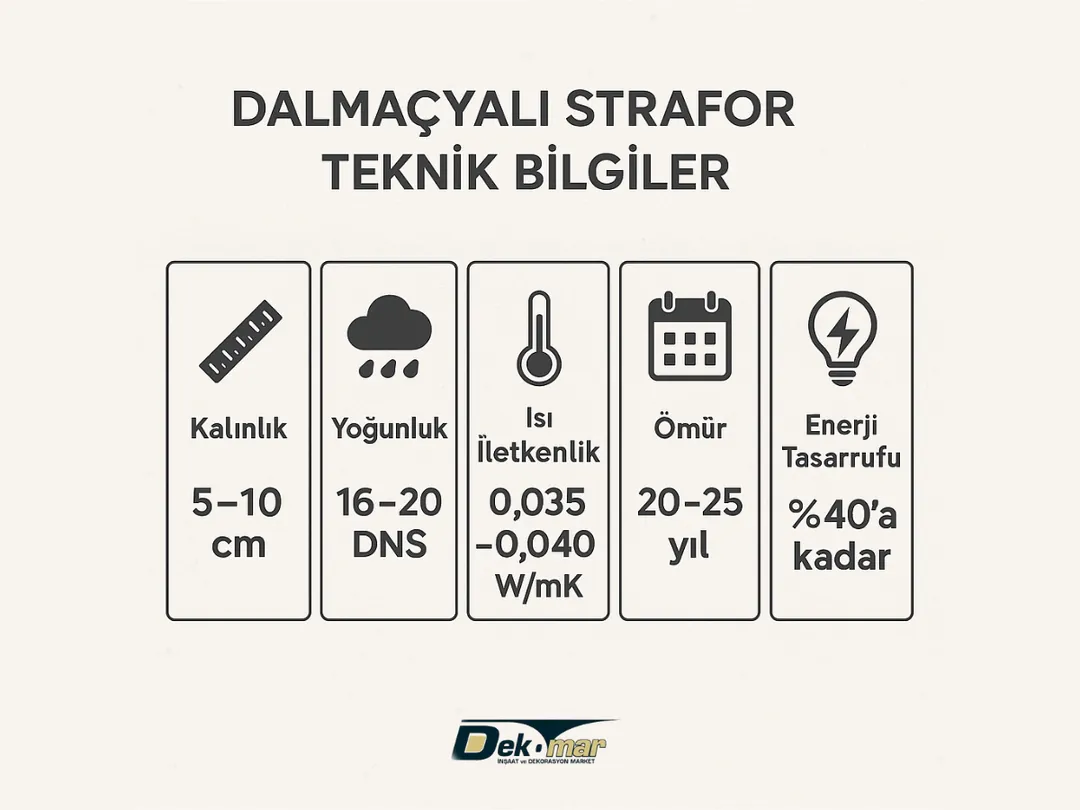 Dalmaçyalı strafor mantolama teknik bilgiler: yoğunluk, kalınlık, ısı iletkenlik, ömür ve enerji tasarrufu.