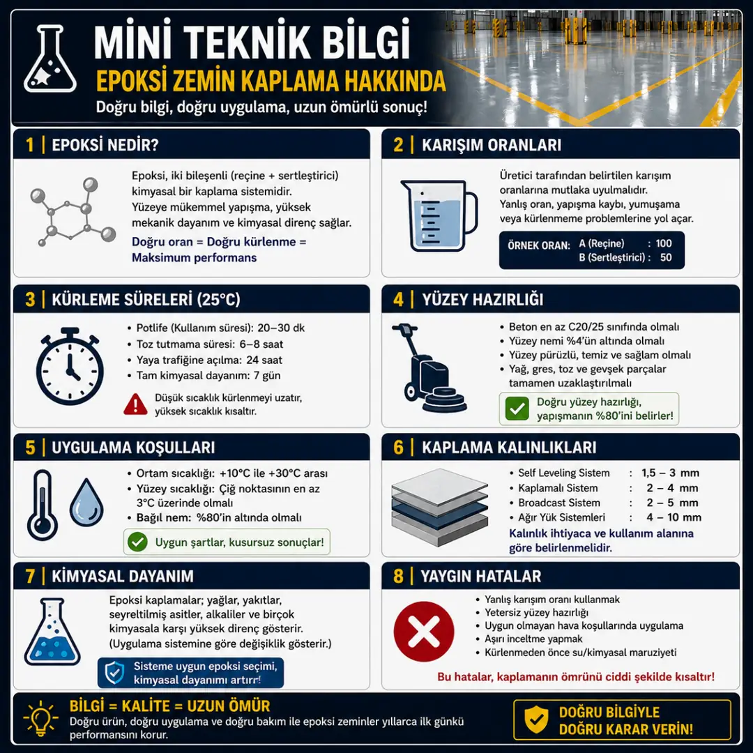 Epoksi zemin kaplama teknik bilgiler kalınlık dayanım ve yüzey hazırlığı detayları&nbsp;