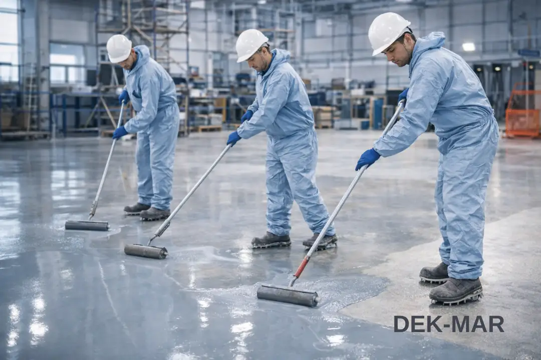 Beton zemine epoksi uygulaması yapan profesyonel zemin kaplama ekibi&nbsp;