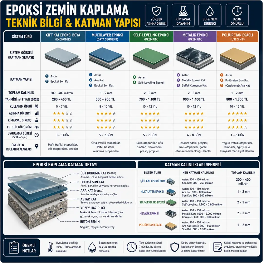 Epoksi kaplama kalınlıkları katman yapısı ve teknik özellikler tablosu