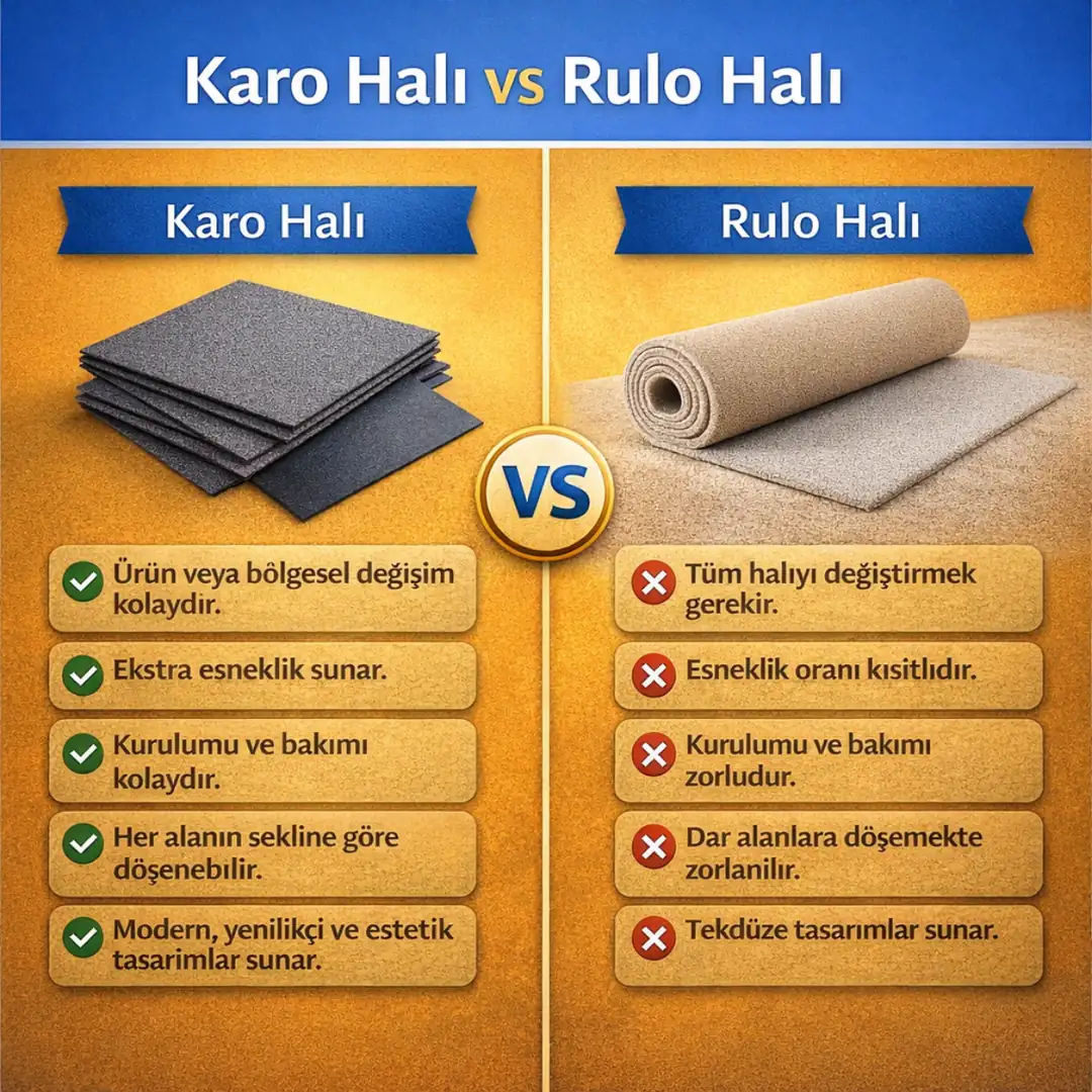 Karo halı ile rulo halı arasındaki farkları gösteren karşılaştırma infografiği&nbsp;