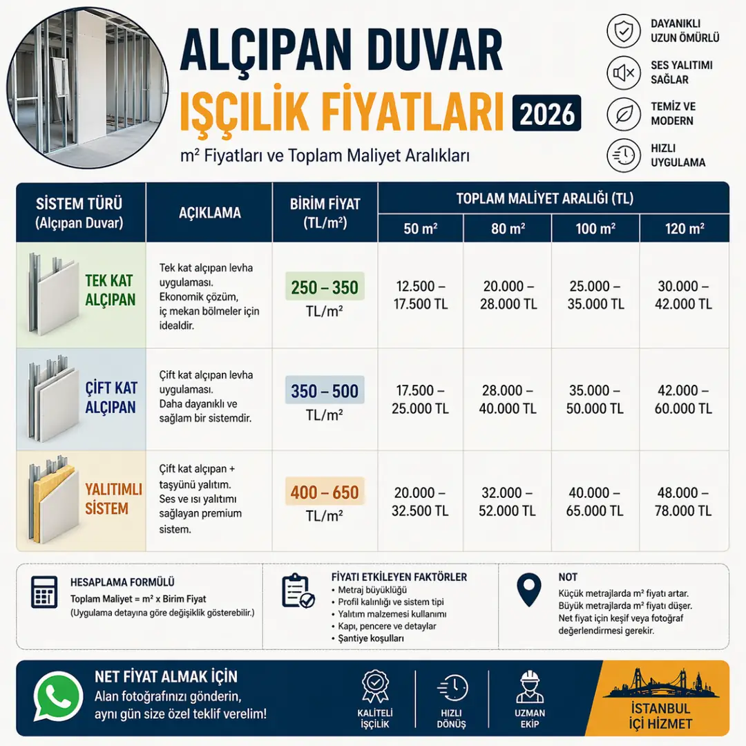 Alçıpan duvar m2 fiyatları 2026 işçilik fiyat tablosu&nbsp;