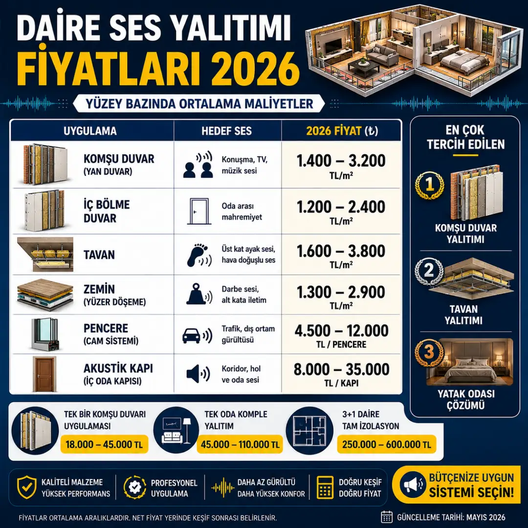 2026 daire ses yalıtımı fiyatları ve yüzey bazında maliyet karşılaştırma tablosu.&nbsp;