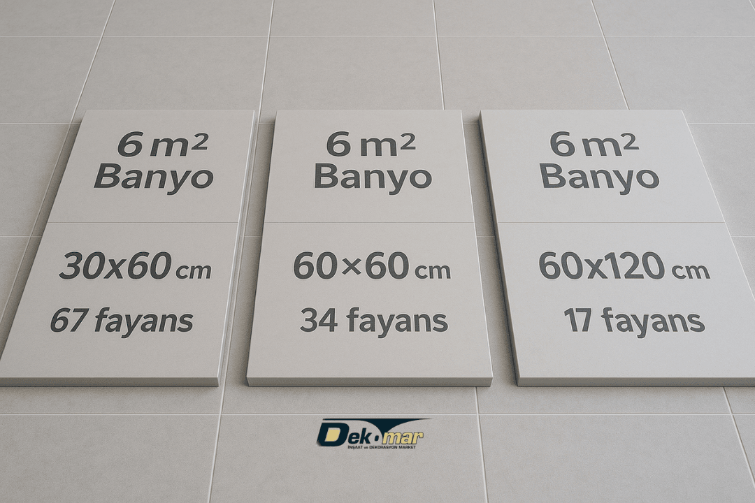6m² banyoda 30×60, 60×60 ve 60×120 fayans adet karşılaştırması. 