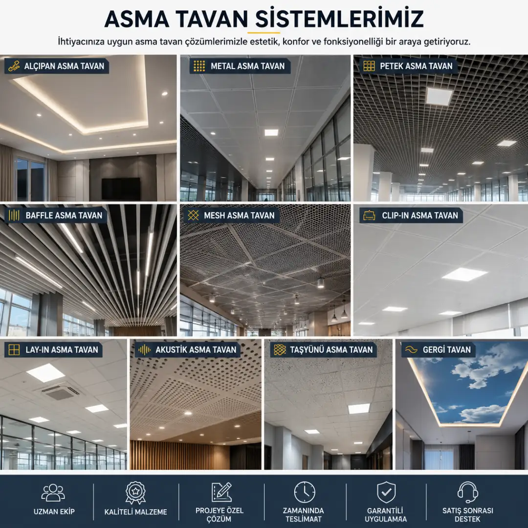Alçıpan, petek, baffle, mesh ve metal asma tavan sistemlerinin farklı uygulama örnekleri