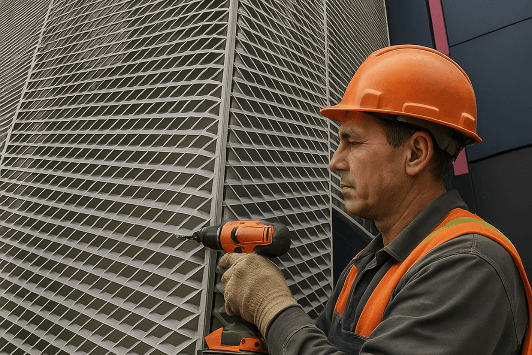 AVM cephesine uygulanan mesh panel montajı sırasında güvenlik ekipmanlı usta profesyonel olarak çalışıyor. 