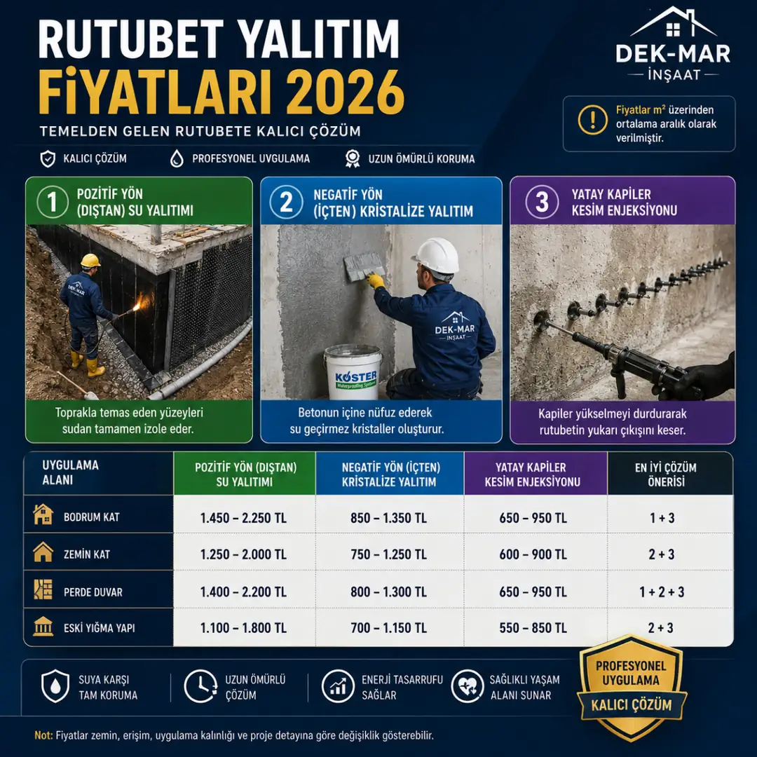 Temelden gelen rutubet için içten dıştan yalıtım ve enjeksiyon fiyat karşılaştırması