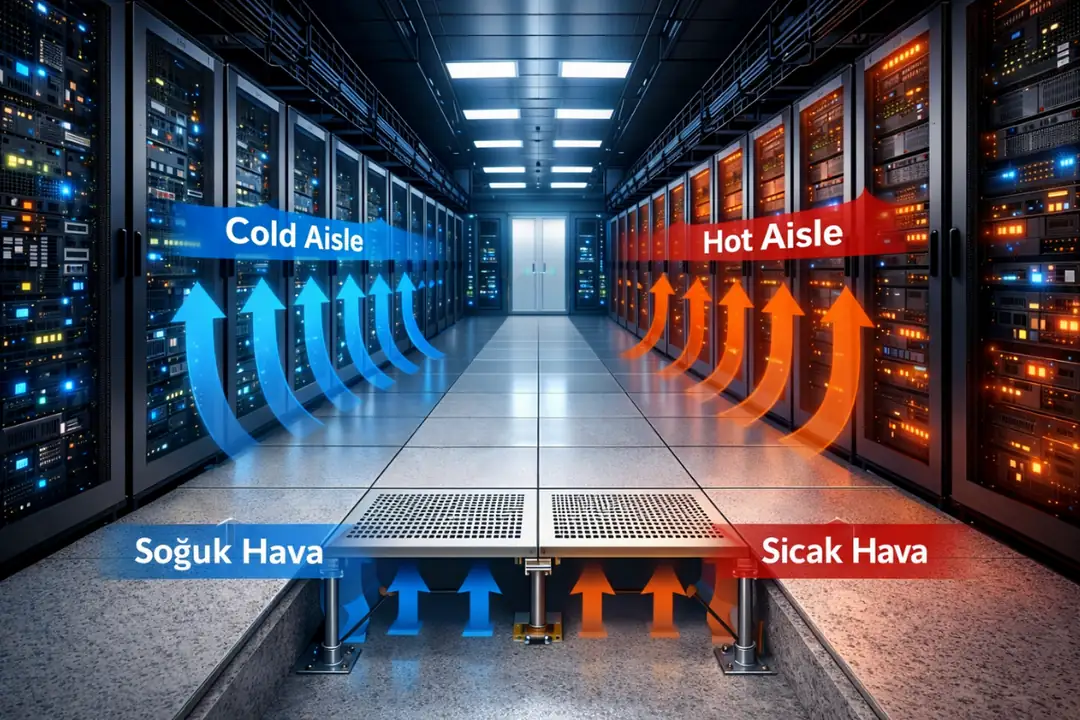 Data center yükseltilmiş döşeme hava akışı ve soğutma sistemi