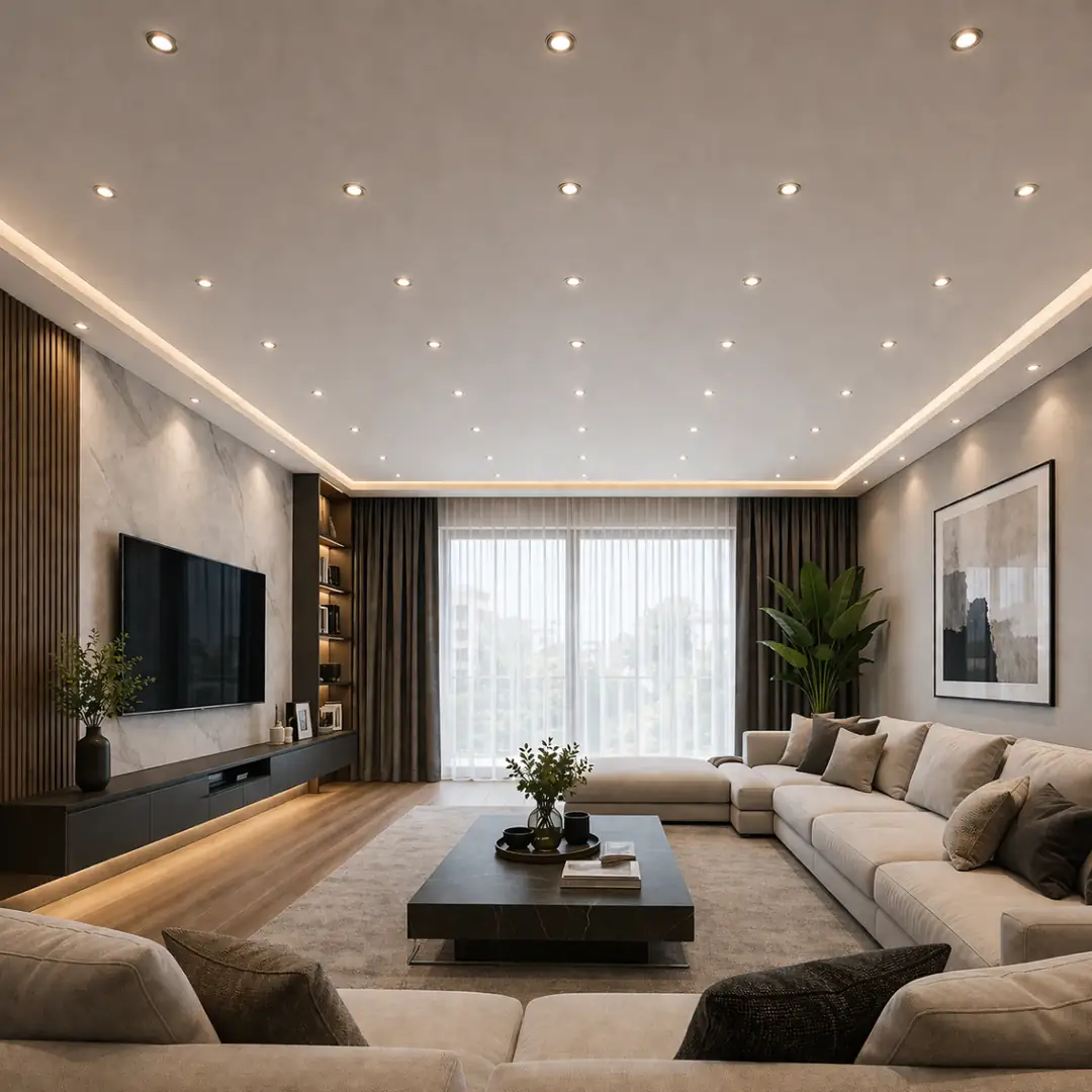Geniş salon için çok sayıda spot aydınlatmalı modern asma tavan&nbsp;