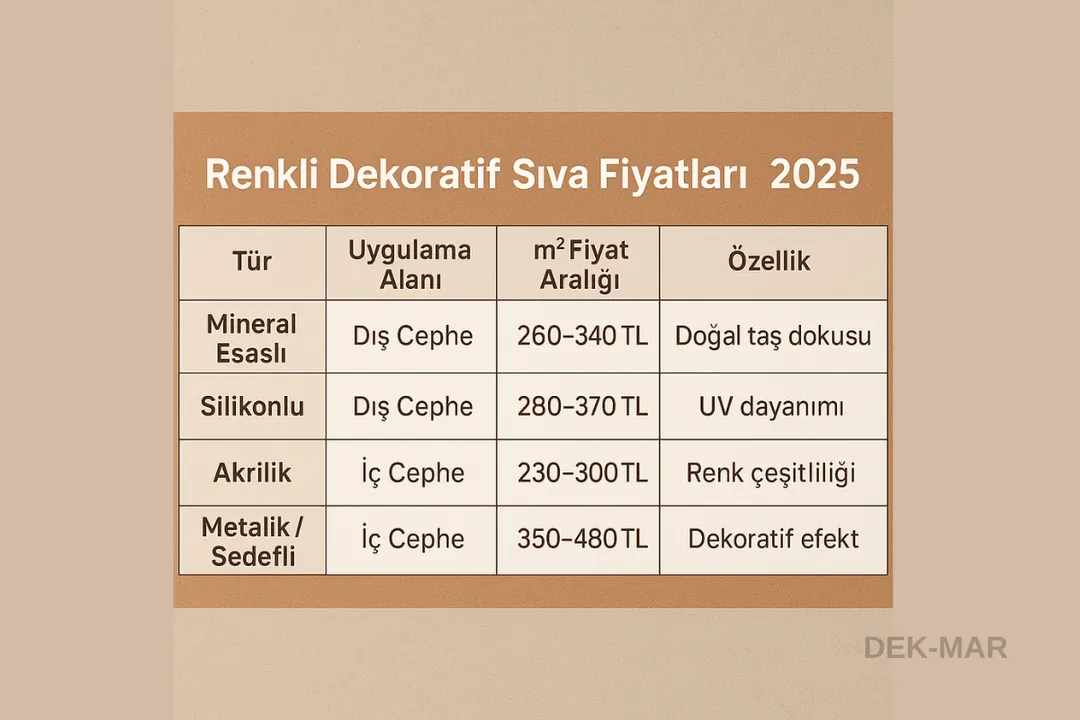 Renkli dekoratif sıva fiyat tablosu 2025 – iç ve dış cephe m2 uygulama maliyetleri