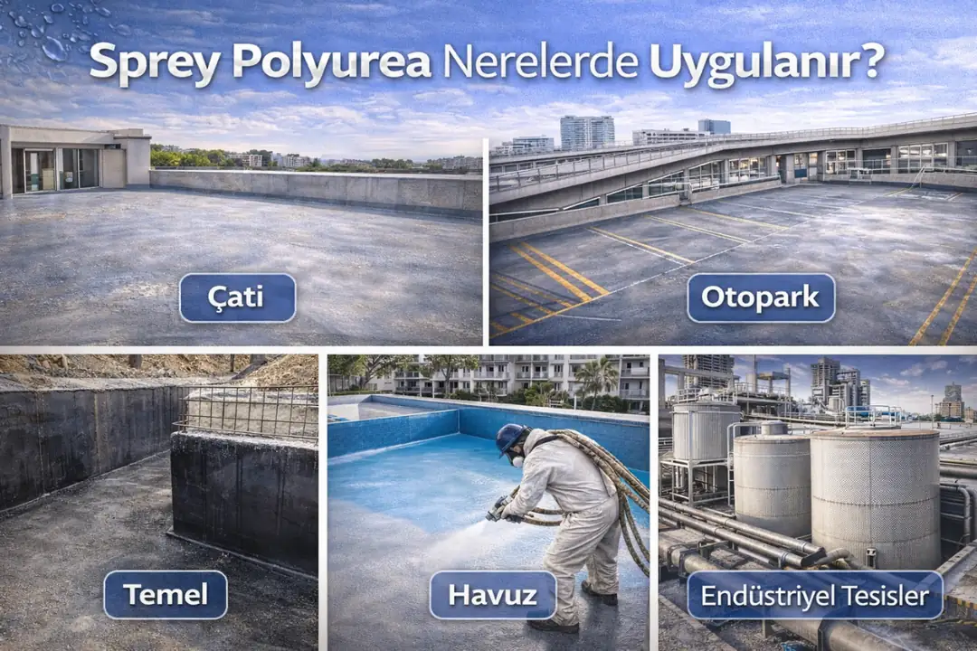Sprey polyurea uygulama alanları, çatı, otopark, temel ve endüstriyel yapılar.&nbsp;