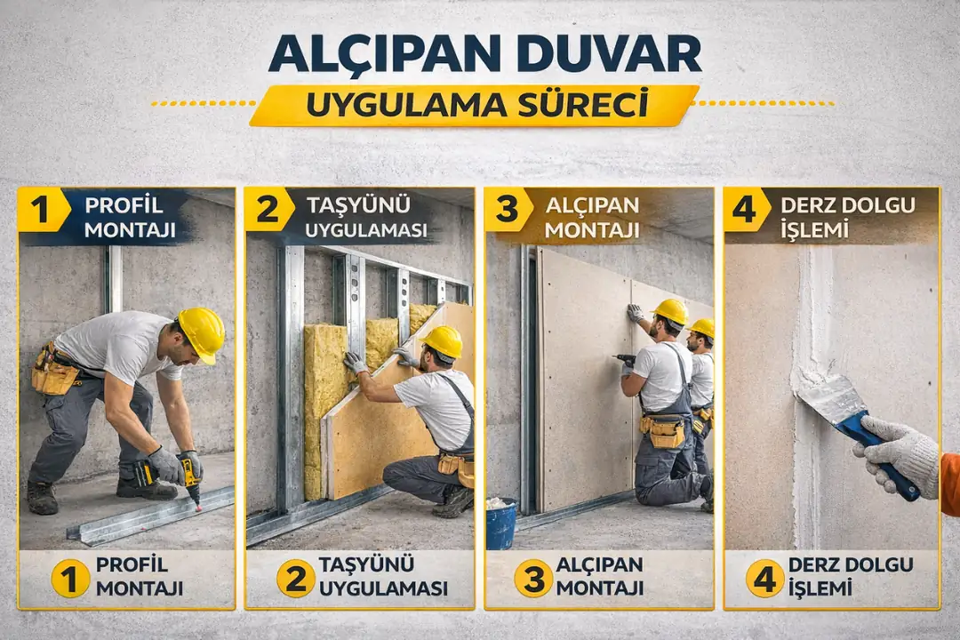 Alçıpan bölme duvar uygulama süreci şantiye montaj aşamaları&nbsp;