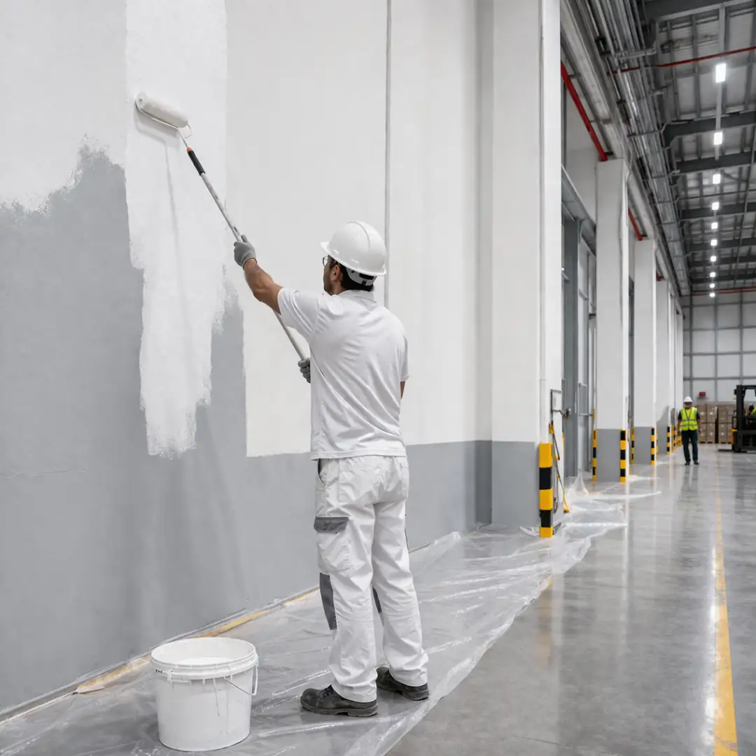 Depo duvar boyama uygulaması sırasında rulo ile yapılan iç cephe boyama işlemi endüstriyel alan örneği&nbsp;