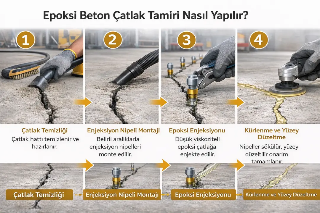 Epoksi beton çatlak tamiri uygulama aşamaları – nipel montajı, enjeksiyon ve kürlenme süreci&nbsp;