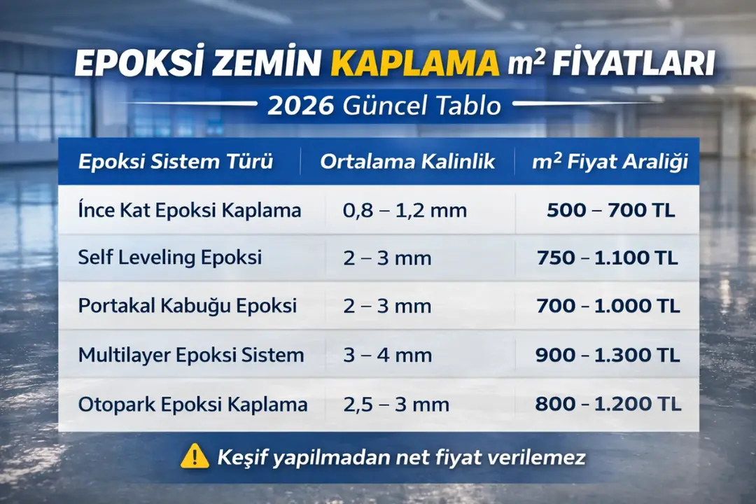 Epoksi zemin kaplama m2 fiyatları 2026 güncel tablo