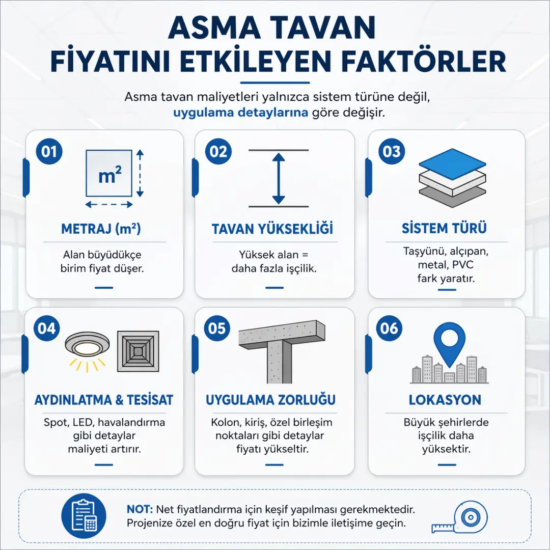 asma tavan fiyatlarını etkileyen faktörler metraj yükseklik sistem türü aydınlatma lokasyon