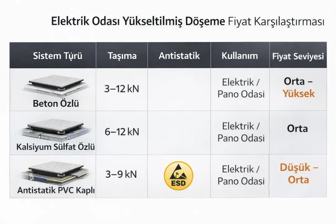 “Elektrik odası yükseltilmiş döşeme fiyat karşılaştırma tablosu”&nbsp;