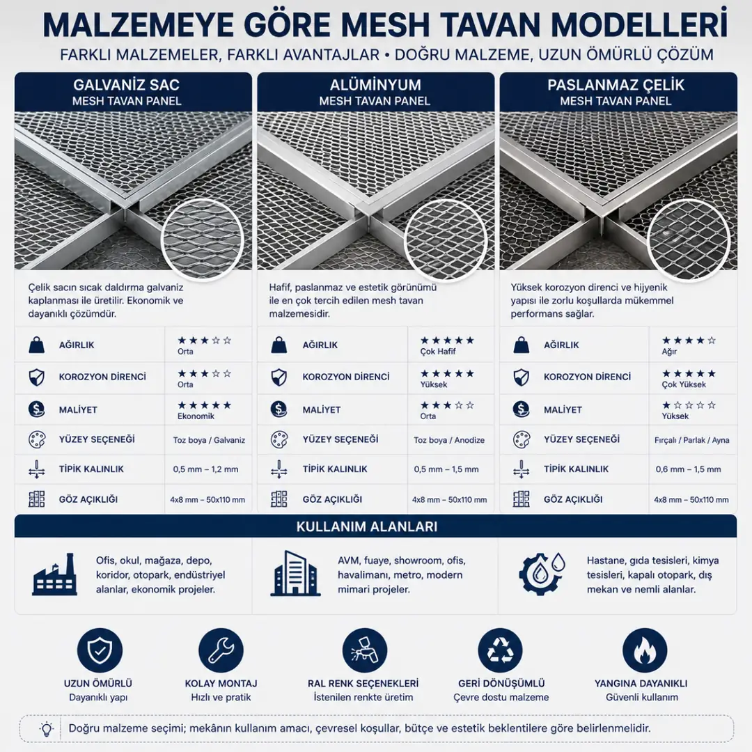Galvaniz, alüminyum ve paslanmaz mesh tavan panel karşılaştırması&nbsp;