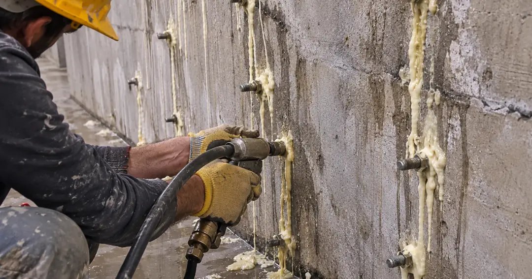 Beton duvarda pakerlere makine ile poliüretan enjeksiyon yapılarak su sızıntısının durdurulması uygulaması