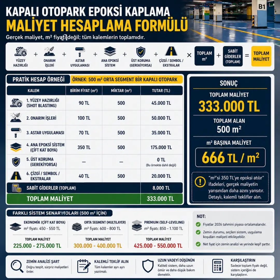 Kapalı otopark epoksi maliyet hesaplama formülü ve örnek metraj hesabı