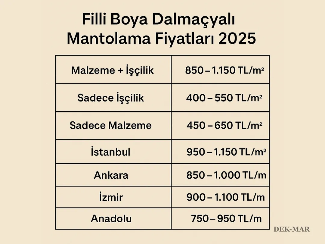 Filli Boya Dalmaçyalı mantolama fiyatları 2025 güncel m2 liste tablosu.