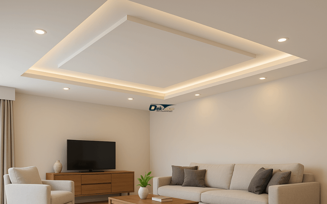 Spot ışıklı, köşeli tasarıma sahip modern salon alçıpan asma tavan modeli, sade ve şık iç dekorasyonlar için ideal.