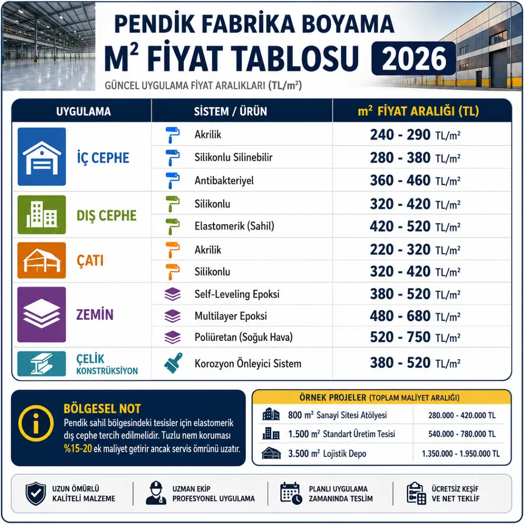 Pendik fabrika boyama 2026 metrekare fiyat tablosu