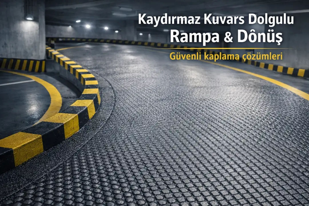 Otopark rampaları için kaydırmaz kuvars dolgulu zemin kaplama uygulaması