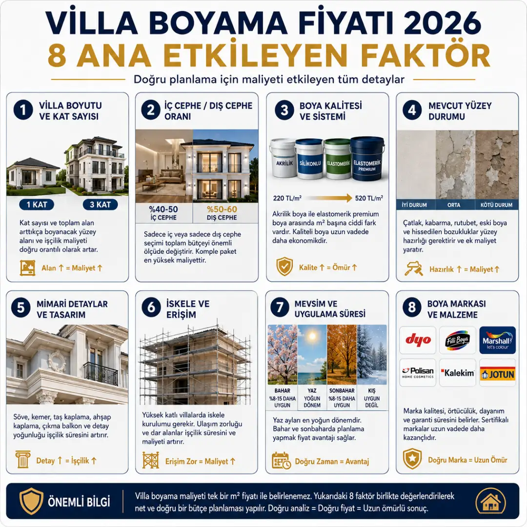 Villa boyama fiyatını etkileyen faktörler boya sistemi iskele yüzey durumu ve kat sayısı&nbsp;