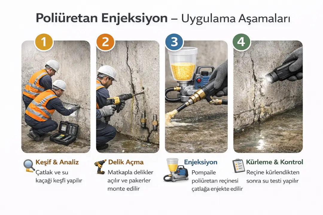 Poliüretan enjeksiyon uygulama aşamaları – keşif, delik açma ve paker montajı, enjeksiyon uygulaması ve kontrol süreci