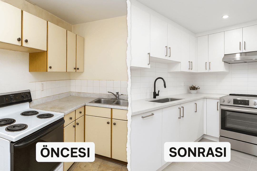 Komple Tadilat uygulamasında mutfak dönüşümünün öncesi ve sonrası karşılaştırması; modern beyaz dolap ve ankastre detaylarıyla. 