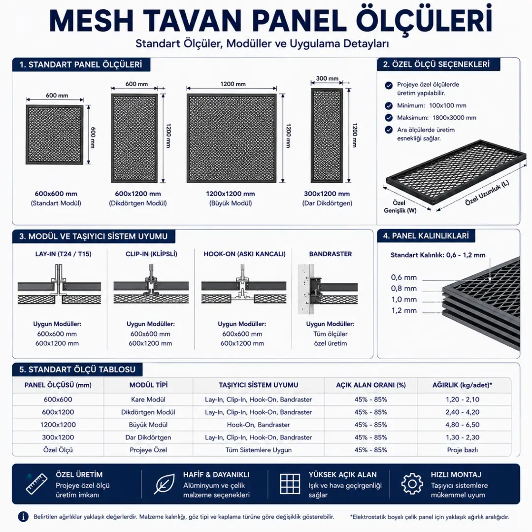 Mesh tavan panel ölçüleri karşılaştırması; 60x60 cm, 60x120 cm, 60x180 cm ve 30x120 cm mesh panel boyutları&nbsp;